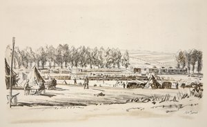 Železniční předmostí, ilustrace z knihy "The Western Front", vydavatelství Country Life Ltd. od David Muirhead Bone