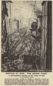 Bitevní loď nabírající naftu na moři, 1. světová válka (litografie) od David Muirhead Bone