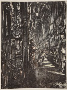 Kotelna na bitevní lodi, ilustrace z knihy "The Western Front", vydavatelství Country Life Ltd. od David Muirhead Bone