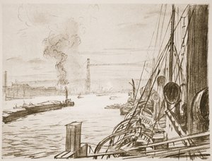 Nemocniční loď na základně, ilustrace z knihy "The Western Front", vydavatelství Country Life Ltd. od David Muirhead Bone