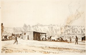 Polní kuchyně, ilustrace z knihy "The Western Front", vydavatelství Country Life Ltd. od David Muirhead Bone