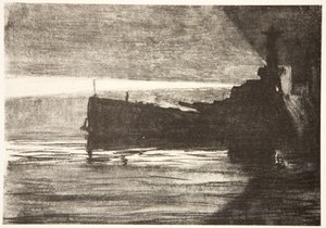 Blížení k bitevní lodi v noci, ilustrace z knihy "The Western Front", vydavatelství Country Life Ltd. od David Muirhead Bone