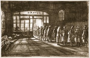 Na základně, ilustrace z knihy "The Western Front", vydavatelství Country Life Ltd. od David Muirhead Bone