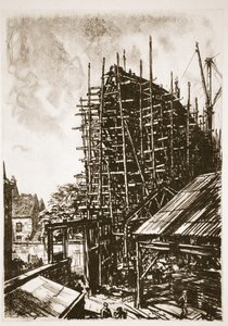 Stavba parníku, ilustrace z knihy "The Western Front", vydavatelství Country Life Ltd. od David Muirhead Bone