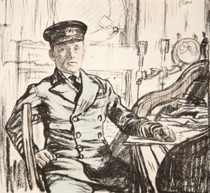 Kapitán Cyril Fuller RI Navy, ilustrace z knihy "The Western Front", vydavatelství Country Life Ltd. od David Muirhead Bone
