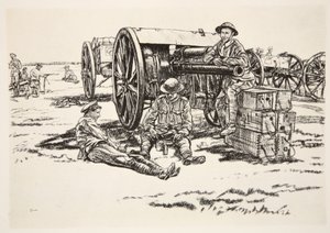 Čas večeře: Muži RFA, ilustrace z knihy "The Western Front", vydavatelství Country Life Ltd. od David Muirhead Bone