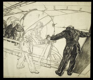 Kresba v plné velikosti pro Zimní pokládání min u Islandu, cca 1942 (uhel na papíře) od David Muirhead Bone