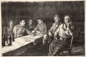 Jídelna důstojníků Gordon Highlander, ilustrace z knihy "The Western Front", vydavatelství Country Life Ltd. od David Muirhead Bone