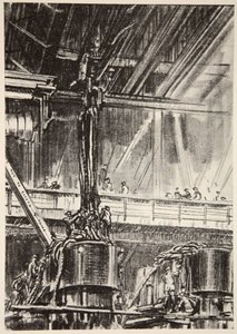 Ve strojovně, ilustrace z knihy "The Western Front", vydavatelství Country Life Ltd. od David Muirhead Bone