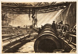 Přesun těžkých děl, ilustrace z knihy "The Western Front", vydavatelství Country Life Ltd. od David Muirhead Bone