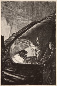 Noční práce na závěru velkého děla, ilustrace z knihy "The Western Front", vydavatelství Country Life Ltd. od David Muirhead Bone
