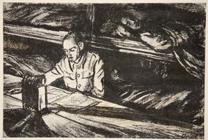 Na nemocniční lodi v noci: Orderly, ilustrace z knihy "The Western Front", vydavatelství Country Life Ltd.