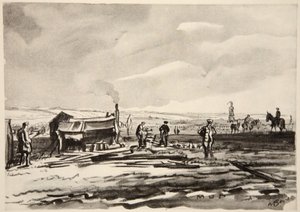 Na Sommě: Bahno, ilustrace z knihy "The Western Front", vydavatelství Country Life Ltd. od David Muirhead Bone