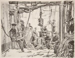 Námořníci na bitevní lodi vyrábějící munici pro armádu, ilustrace z knihy "The Western Front", vyd. Country Life Ltd. od David Muirhead Bone