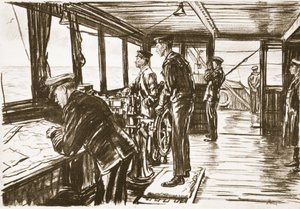 Můstek obchodní lodi na moři, ilustrace z knihy "The Western Front", vydavatelství Country Life Ltd. od David Muirhead Bone