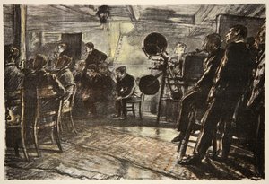 Kino na bitevní lodi, ilustrace z knihy "The Western Front", vydavatelství Country Life Ltd. od David Muirhead Bone