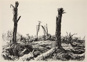 Oranžerie, zámek Deniecourt, ilustrace z knihy "The Western Front", vydavatelství Country Life Ltd. od David Muirhead Bone