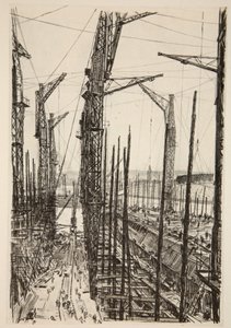 Sedm jeřábů, ilustrace z knihy "The Western Front", vydavatelství Country Life Ltd. od David Muirhead Bone