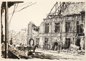 Radnice v Peronne, ilustrace z knihy "The Western Front", vydavatelství Country Life Ltd. od David Muirhead Bone