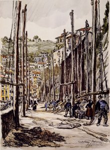 Rybáři tuňáků, Cudillero, asturské pobřeží od David Muirhead Bone