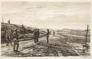 Noční piket, ilustrace z knihy "The Western Front", vydavatelství Country Life Ltd. od David Muirhead Bone