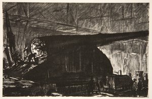 Noční směna při práci na velkém děle, ilustrace z knihy "The Western Front", vydavatelství Country Life Ltd.