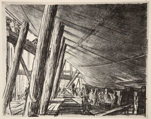 Pod lodí, ilustrace z knihy "The Western Front", vydavatelství Country Life Ltd. od David Muirhead Bone