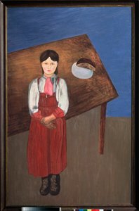 Aniška. (portrét melancholické holčičky před stolem). Obraz David Petrovič Sterenberg (1881-1948), olej na plátně