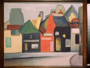 Krajina (ulice ve francouzské vesnici s dršťkovou prodejnou a cukrárnou). Obraz David Petrovič Sterenberg (1881-1948), olej na plátně