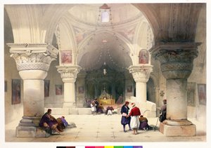 Krypta Božího hrobu, Jeruzalém, deska 20 ze svazku I „Svatá země“, vyryla hospodou Louis Haghe (1806-85). 1842 od David Roberts