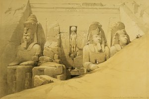 Přední pohled na Velký chrám Aboo Simbel, Nubia, deska 44 ze svazku II „Egypt a Nubia“, vyrytý hospodou Louis Haghe (1806-85). 1849
