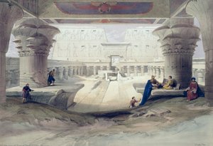 Pohled zpod sloupořadí chrámu v Edfou, Horní Egypt, deska 32 ze svazku I Egypta a Núbie, vyrytý hospodou Louisem Haghem (1806-85). 1846