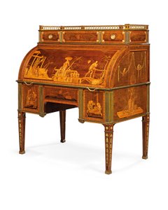 Kancelář pro mechanické válce, Neuwied, kolem 1776-79 (amboyna namontovaná na ormolu a vykládaná mosazí, tulipánové dřevo, mořený platan a intarzie)