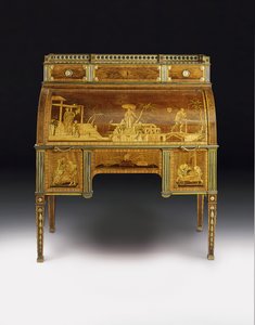 Kancelář pro mechanické válce, držáky připisované Francoisi Redmondovi, kolem 1777-80 (namontovaný na ormolu, amboyna vykládaná mosazí, tulipánové dřevo, mořený platan a intarzie) (viz také 486603)
