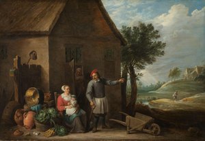 Manžel u dveří chaty se sedící ženou a dítětem od David Teniers (II)