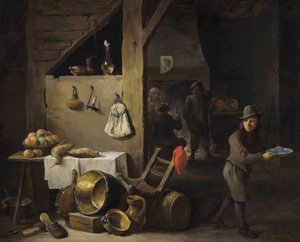 Interiér kuchyně s mladým chlapcem a třemi postavami, které popíjejí a kouří. od David Teniers the Younger