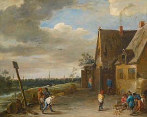Hra na devět kuželek s výhledem na Antverpy od David Teniers the Younger