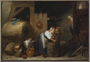 Interiér s mladou ženou, která drhne hrnce, zatímco ji starý muž obtěžuje. od David Teniers the Younger