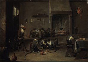 Opice v kuchyni, 40. léta 17. století od David Teniers the Younger