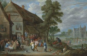Sedláci tančící před hostincem v Percku, za nímž se nachází Kasteel de Drij Toren od David Teniers the Younger