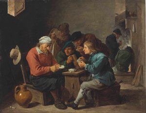 Sedláci hrající karty v interiéru od David Teniers the Younger