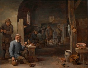 Interiér hostince s rolníky, kteří kouří u stolu a rozmlouvají před ohněm od David Teniers the Younger