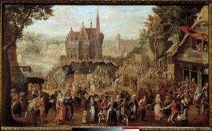 Kermesse v Audenarde (Belgie). Párty před vesnickým kostelem. Obraz od Davida Vinckboonse (nebo Vinckeboons nebo Vinkeboons 1576-1629)