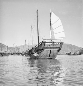 Pohled na hongkongskou džunku typu Fisher d.w. 2473HA zakotvenou v Hongkongu z levoboku. od David Watkin Waters