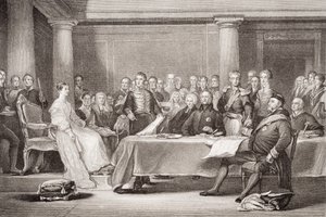 První rada královny Viktorie, Kensingtonský palác, 21. června 1837, z „Ilustrace anglické a skotské historie“ svazek II od David Wilkie