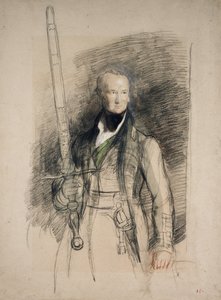 Hrabě z Mortonu nesoucí meč státu, 1824 (černá a červená křída s wc a tělovou barvou na našedlém papíře)
