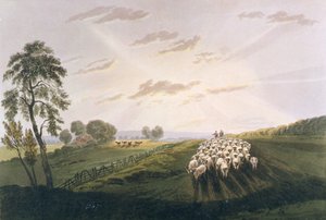 Odpoledne, Pohled v Surrey, ilustrace z Pojednání o krajinomalbě a efektu ve vodních barvách, 1841 (ručně kolorovaná akvatinta)