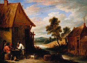 Říční krajina s rolníky mimo hospodu od David Teniers the Younger