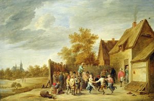 Rolníci tančí mimo hostinec (olej na plátně) od David Teniers the Younger