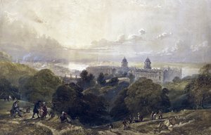 Pohled na Greenwich (Anglie), jeden letní večer, z výšin parku, vzadu panorama Londýna